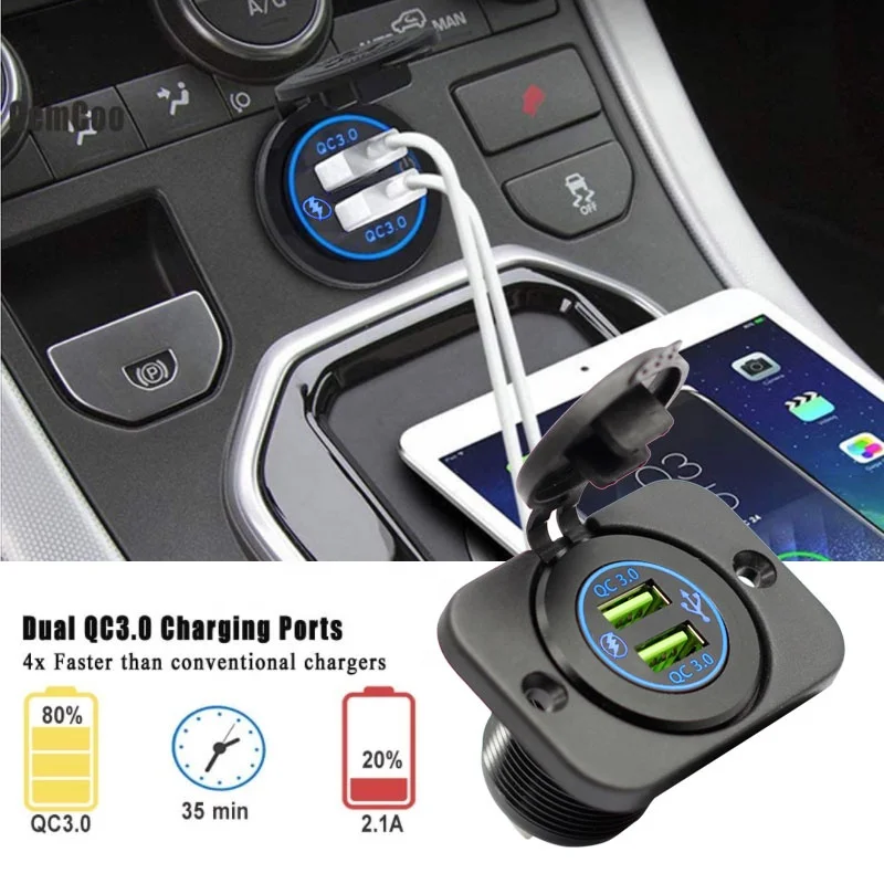 12v USB Outlet  48W USB Car Charger Socket Dual USB  QC 3.0 Car Socket