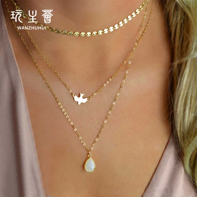 Wholesale fashion charm low price 3 layers gold plated chain dove of peace necklace body jewelry
