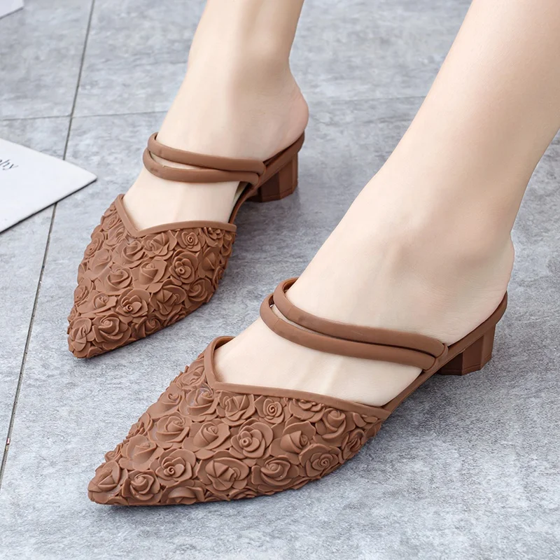 Sexy Pointed Toe slip on pvc offical shoes women slip-on sandals square heel ladies sandals with platform for wholesale.