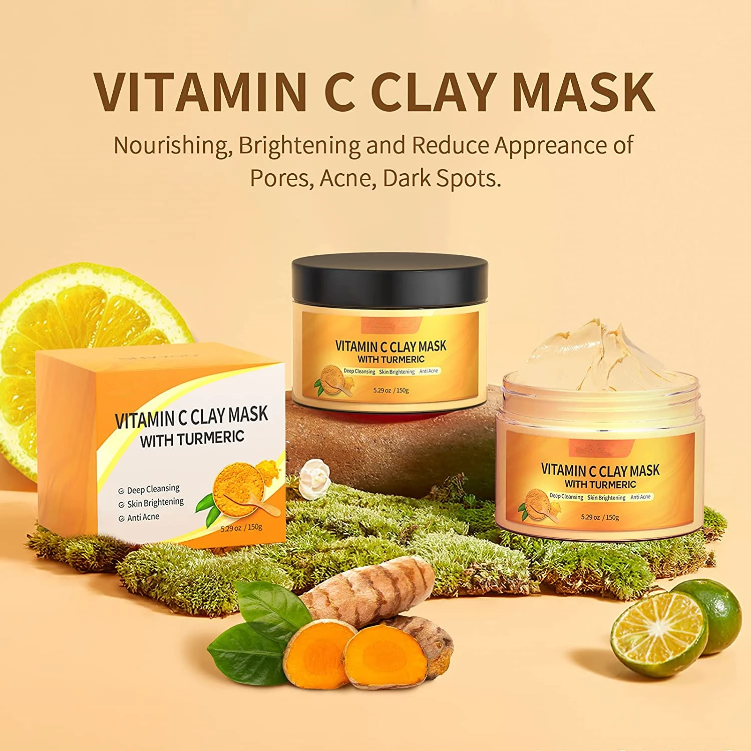 Private Label Turmeric Vitamin C Clay Face Mask with Kaolin Clay and Turmeric For Dark Spots