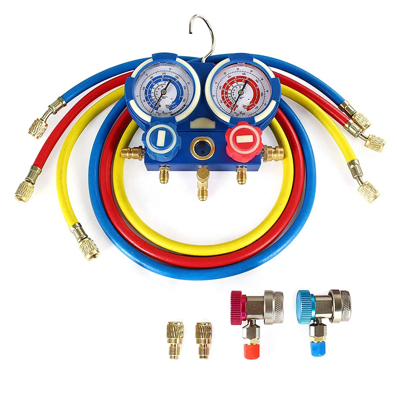 HVAC A/C Refrigeration Manifold Gauge Set Diagnostic R12 R22 R134a R410A with Hoses Adapter Adjustable Couplers