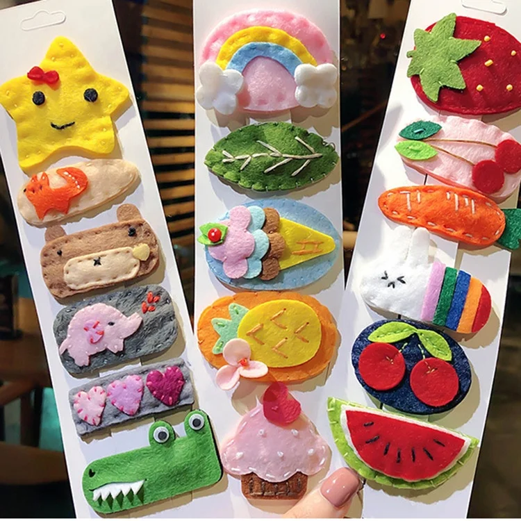 Cute Baby Kids Girls Handmade Designing Snap Hairgrips Hair Accessories Animal Fruits Rainbow Hairclips Felt Hair Clips