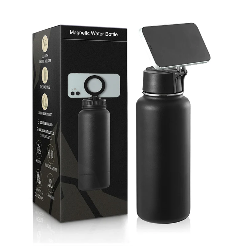 FREE sample Magnetic Lid Mobile Phone Holder Thermos Flask Insulated Water Bottle with Magnet Phone Mount Stand