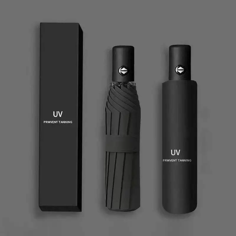 Hot sale UV full-automatic three folding umbrella custom design black tape from Chinese factory