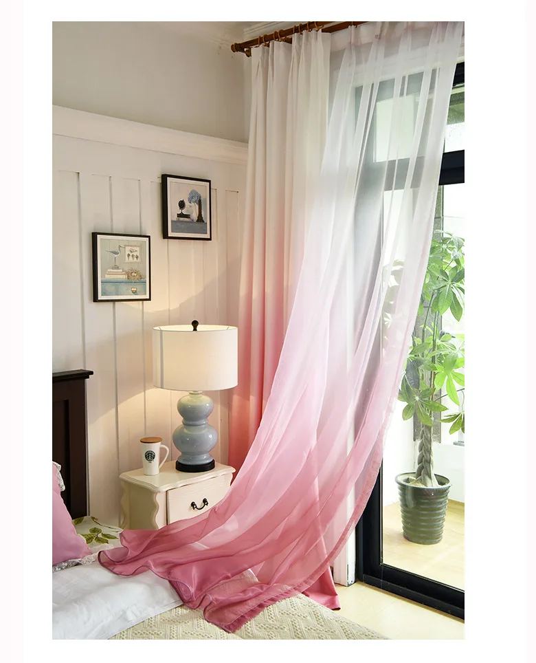 American Europe Solid Sheer Blue Voile Gradient Curtain for Living room Tulle Fabric Grey Window Curtain Panels