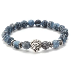 Stainless Steel Natural Accessories Silver Lion Head Lava Stone Onyx Beads Bracelet For Men