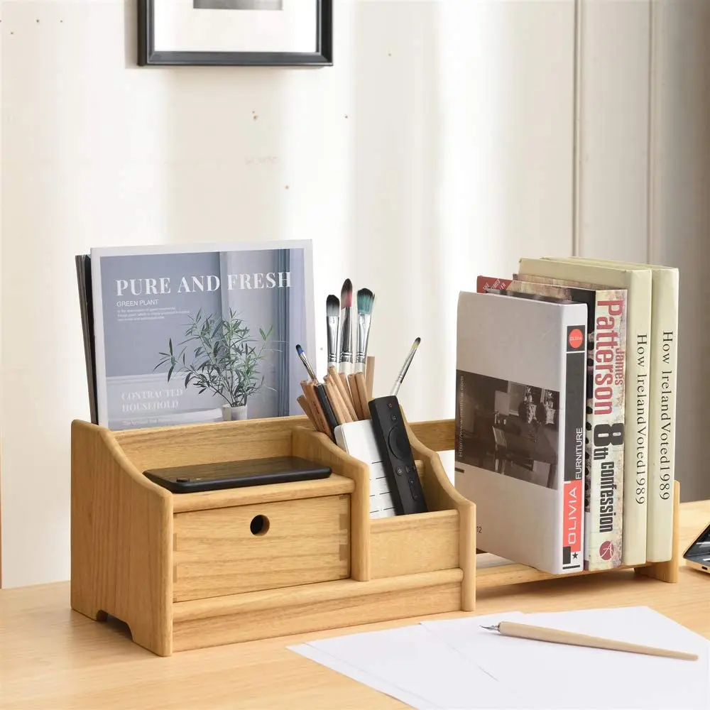 Adjustable Book Rack Desktop Organizer Book Shelves Wood Desktop Book Shelf With Drawers