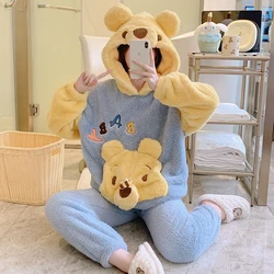New flannel 2pcs pajamas for women cute cartoon hooded pijamas polar leisure winter sleepwear sets
