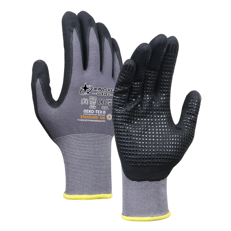 XINGYU 15 Gauge Nylon Spandex Gloves Nylon Qil Thin Grey Nylon Nitrile Dots Foam Coated Safety Work Gloves