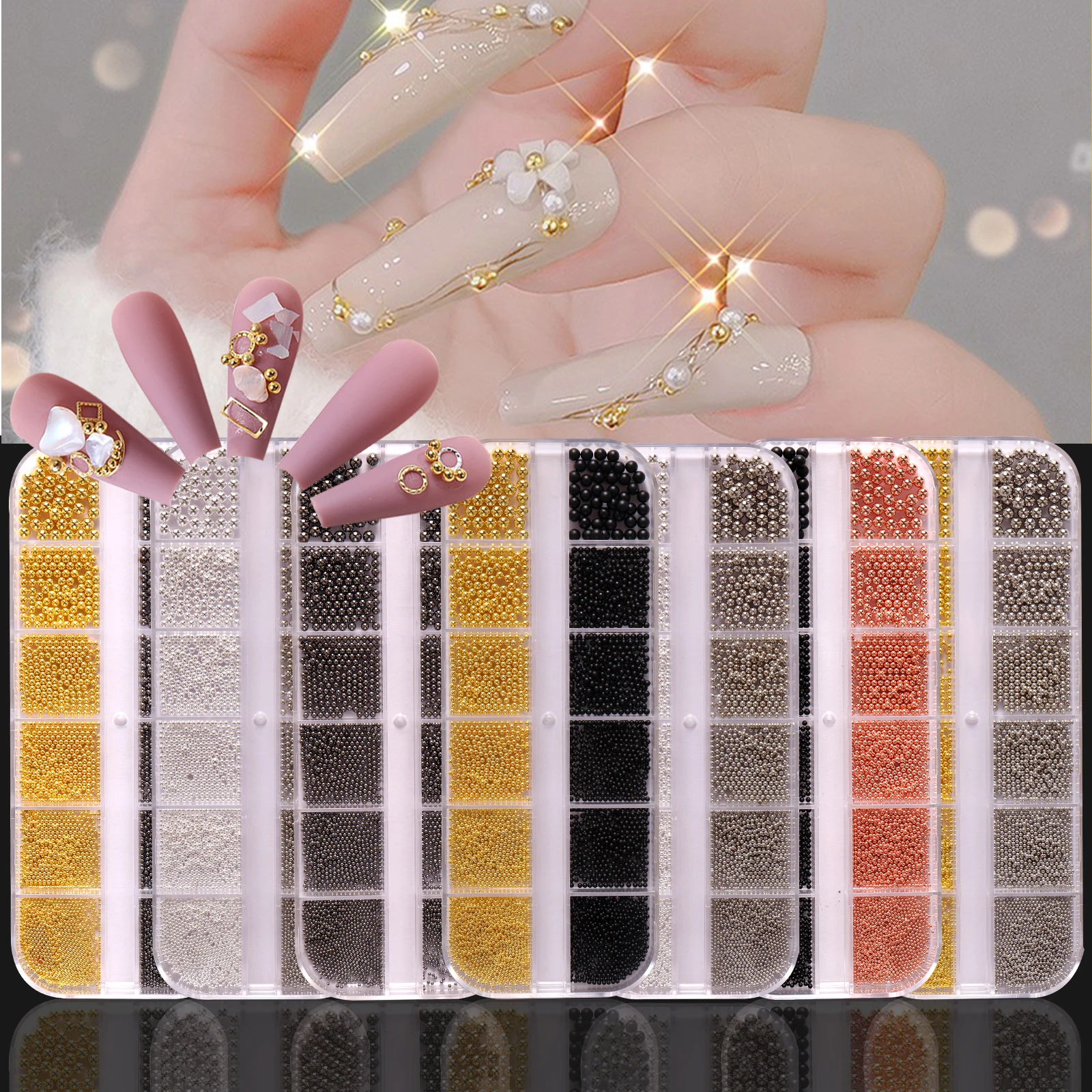 DN 12 Girds Nail Art Caviar Beads Mixed Size Rose Gold Silver Manicure Nail Jewelry Nail Art Decorations