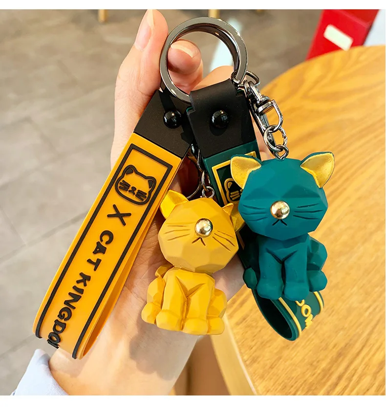KC293C Wholesale Cartoon Resin Geometric Cat Keychain Fashion Bag Car Bag Pendant Cat Key Chain for Girl