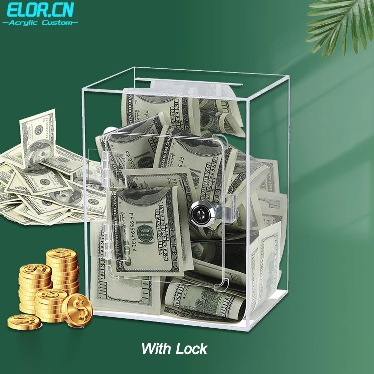 Elor Customized Transparent Acrylic Square Piggy Banks With Lock For Children Saving Money Collection Box For Adults
