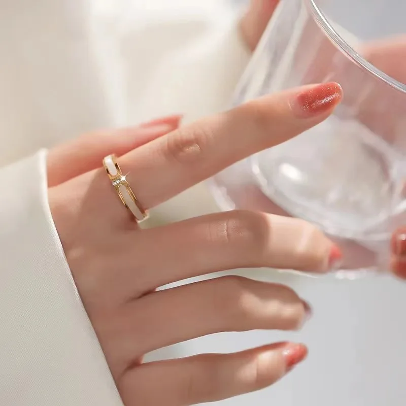 Stainless Steel Full Diamond Open Ring White Mother-Of-Pearl H Letter Double Butterfly Four-Leaf Flower Step-By-Step Bamboo Ring