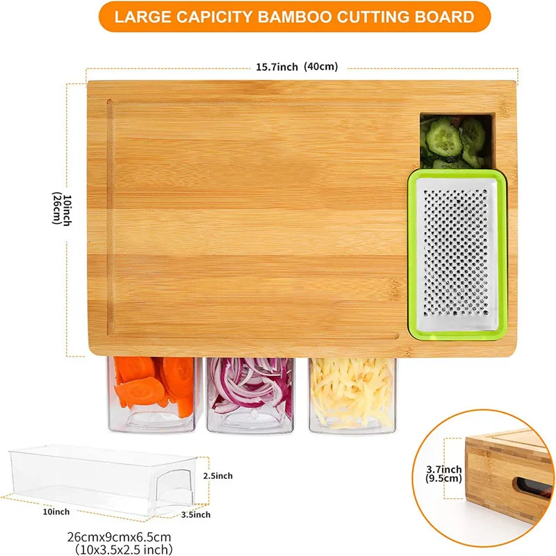 Bamboo Cutting Board with Containers Wood Chopping Board with Stackable Trays Vegetable Shredders