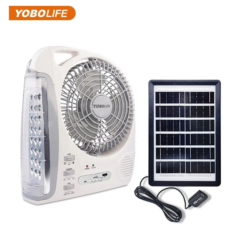 Small Outdoor 8 Inch Emergency Oscillating Rechargeable  Portable Solar Electric Fan FM Radio Speaker with Led Table lamp