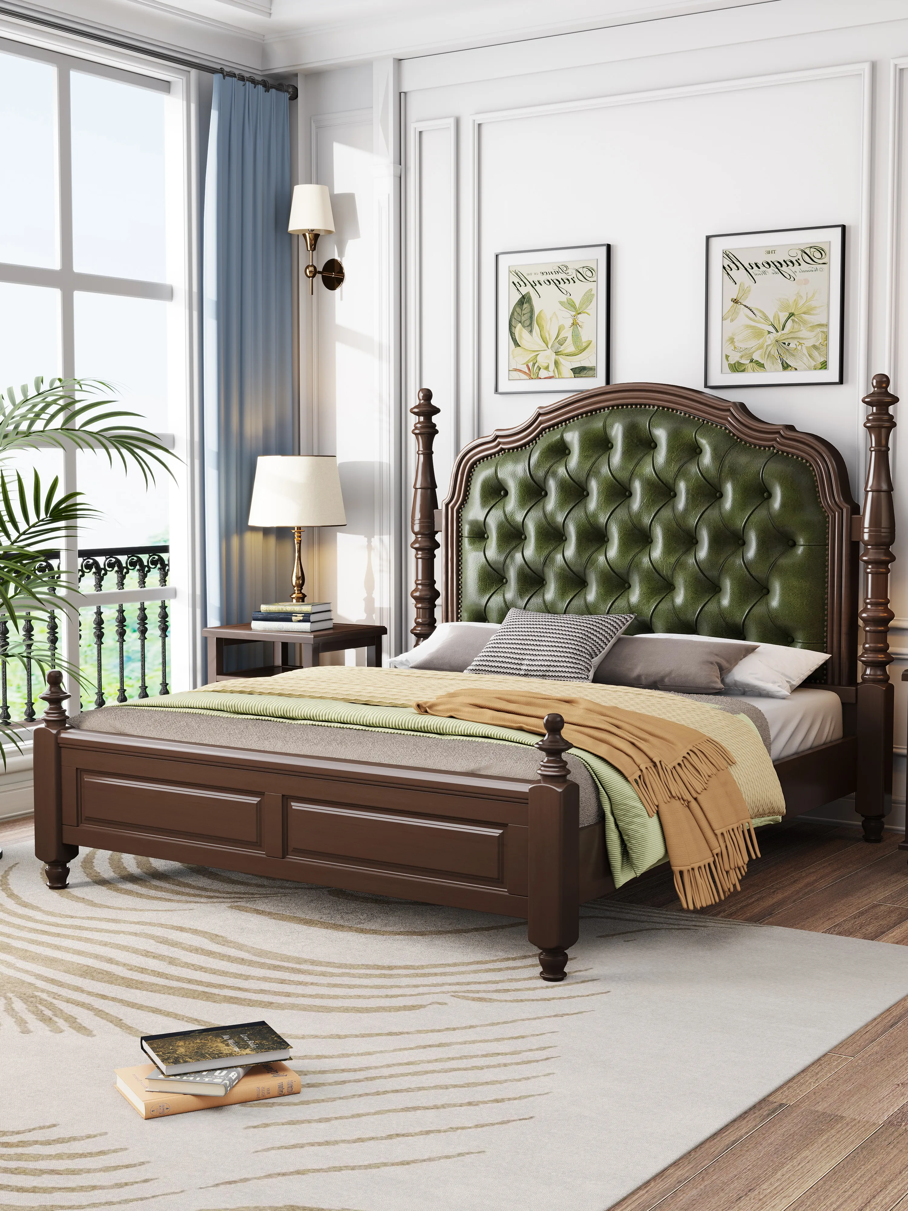 Bedroom American Countryside Solid Wood Bed Storage Leather Upholstered Beds Retro Style Double Bed with Nighstand
