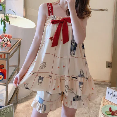korean Thin sexy two piece sleepwear Sleeveless Sling Pajama Cute sweet girls sleepwear pajamas girls sleepwear
