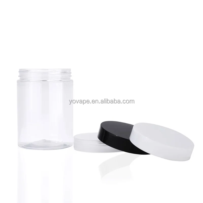 Clear pet plastic square body scrub jars container 100 gr 200gr 250g 250ml pot cream cosmetic jar with seal black/white lids