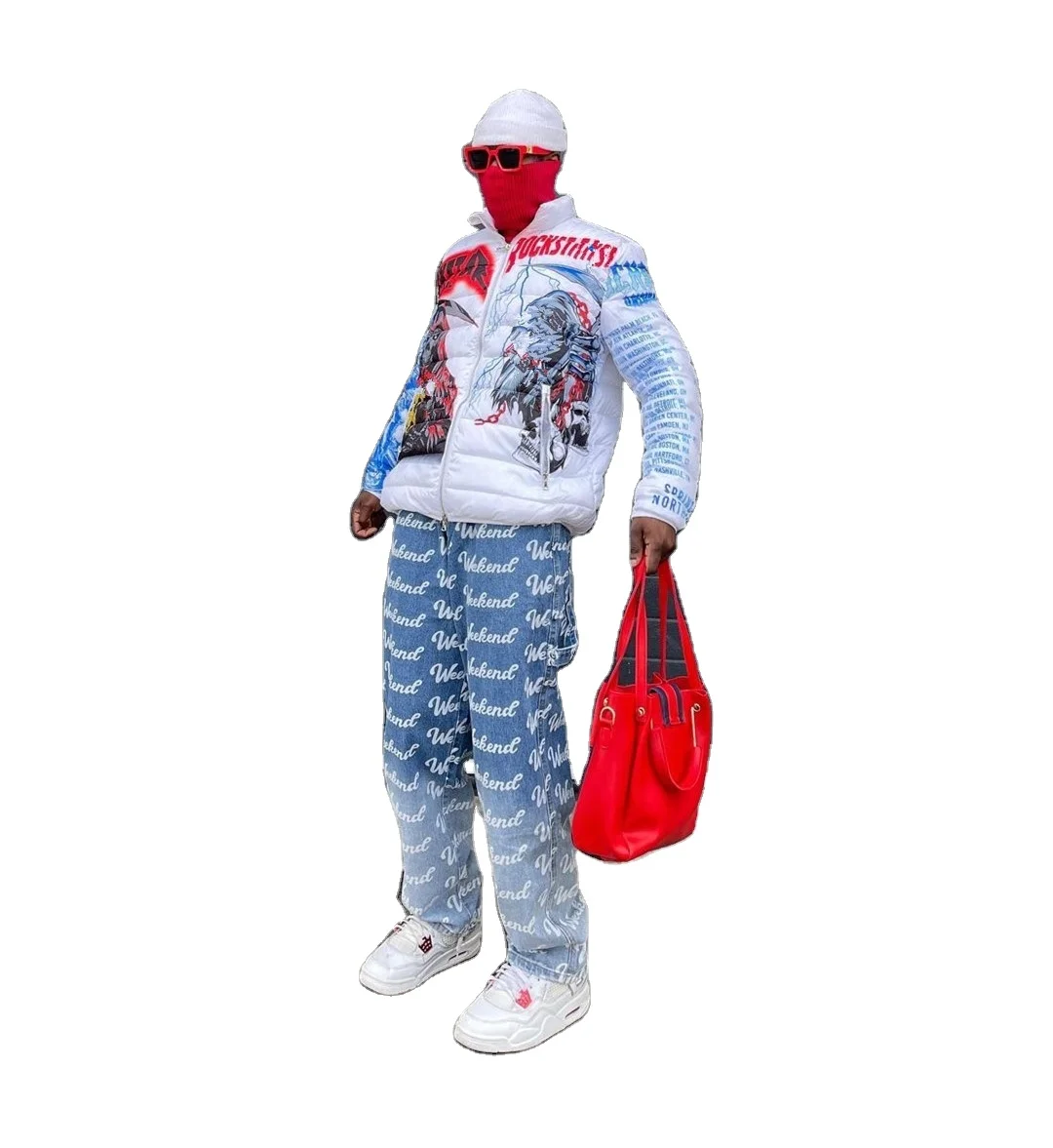 SBM 2024 NEW Washed  Light Blue Hot Sale Checkerboard Checks Loose Crazy Custom Laser Print Baggy Jeans For Men