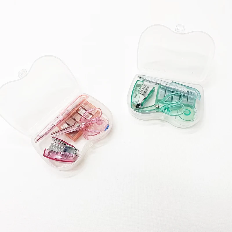 Wholesale Mini Stationery Kit Back School Custom Logo Plastic Box Includes Tape Dispenser,staper,staples,scissors and ball pen