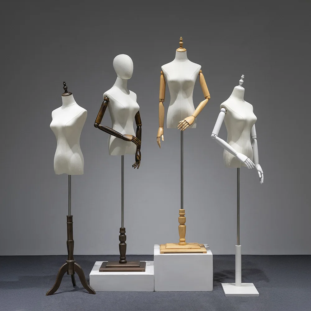 Clothing Store Display Clothing Linen Fabric Covered Mannequin Upper-Body Wooden Arm Half Body Mannequin Female with Wooden Base