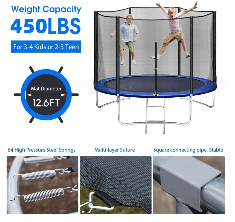 8FT 10FT 12FT 14FT Trampoline with Enclosure Net Outdoor Jump Rectangle Trampoline
