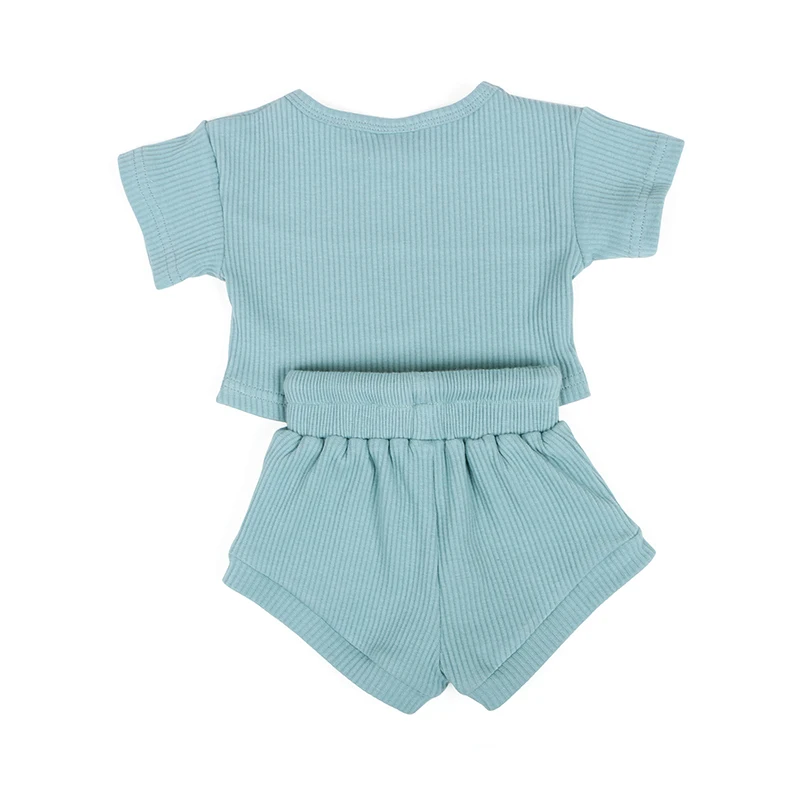 New Fashion Wholesale Custom Logo Kids Blue Ribbed Children 2 Piece Shorts Set