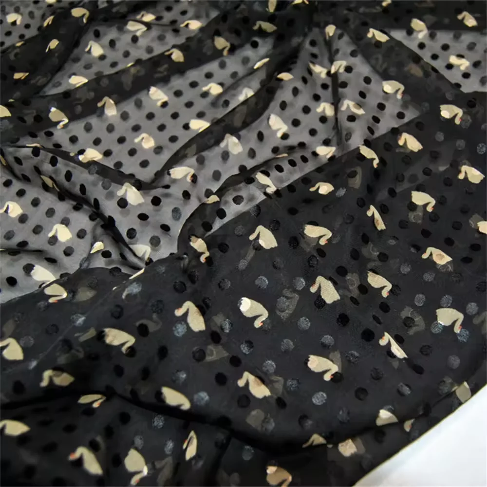 Good Quality Cheap Price Lovely Duck Design Black Dots Ground Silk Burn Out Fabric for Women Nice Shirt