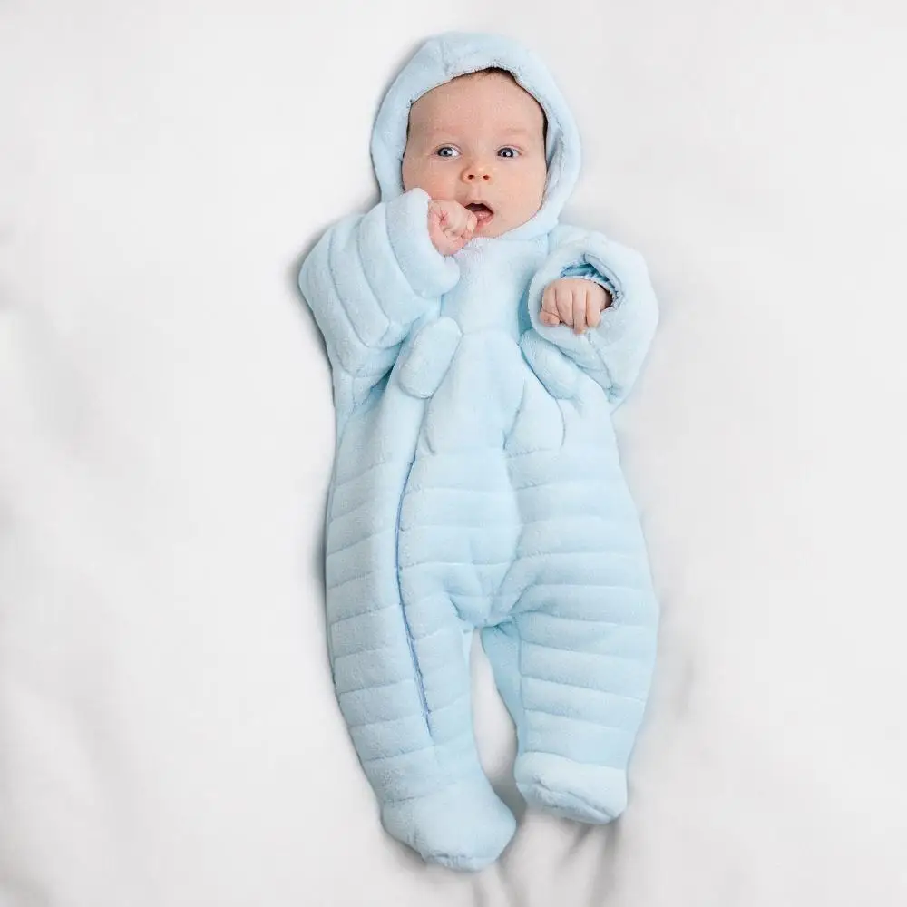 Custom Winter Unisex Solid Deep Pile Fleece Pramsuit Hooded Warm Zipper Footie Snowsuit Onesie Infant Outfits Baby Romper