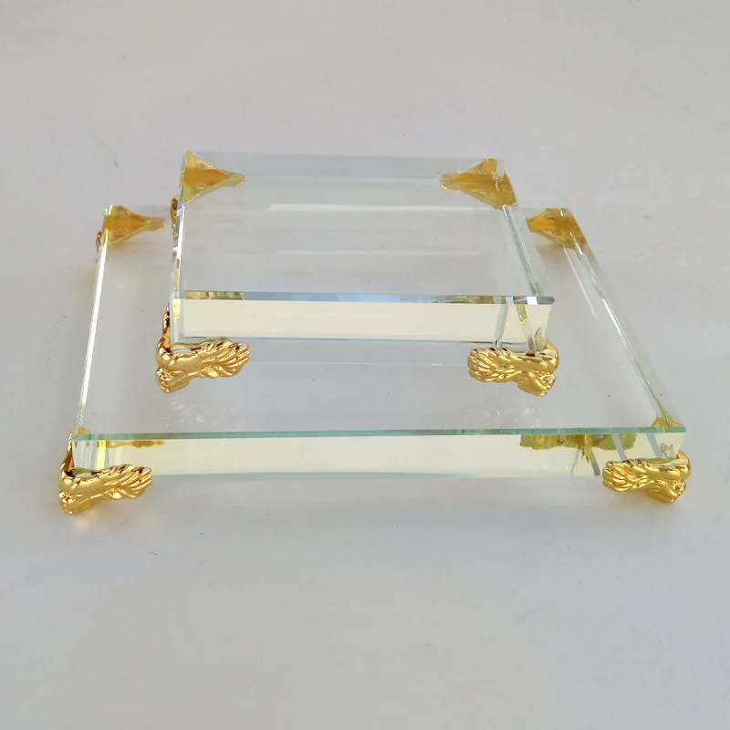 Wholesale transparent rectangular k9 crystal glass with metal feet transparent base
