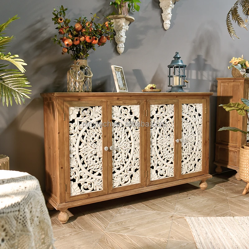 Solid Wood Cabinet Natural Pastoral Farmhouse Storage Sideboards Rustic Carved Decor Home Furniture Living Room Side Cabinets