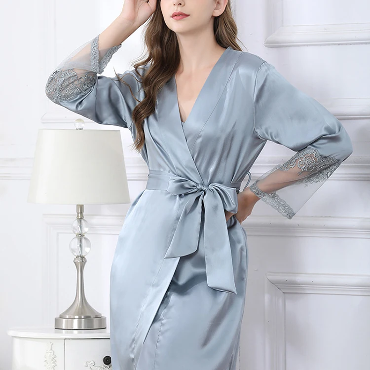 Wholesale women 100% silk nightgown luxury two piece mulberry silk slip dress and robe set
