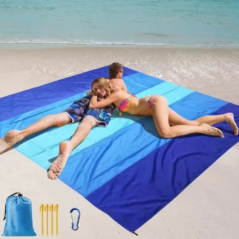 Portable Tri-Color Blue Picnic Mat Waterproof Nylon and Polyester Mini Beach and Camping Mat Expansible like a Mattress