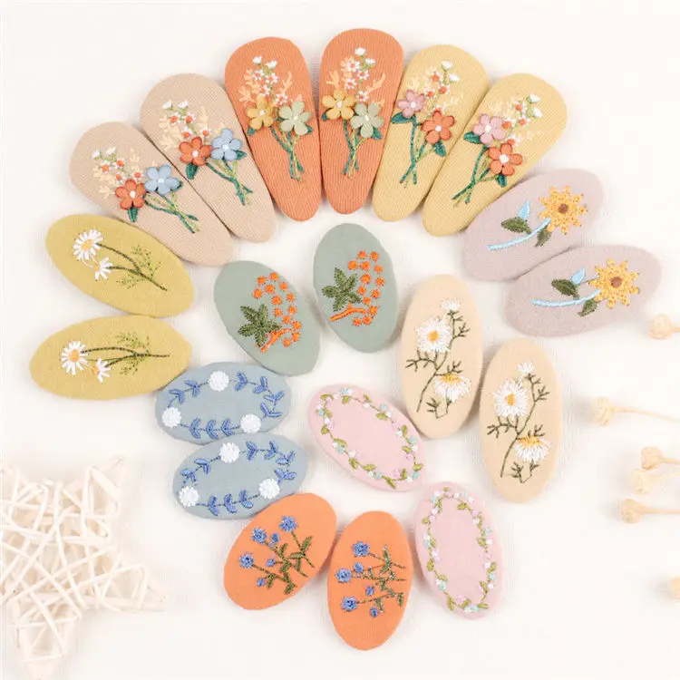 2pcs/Set Korean Spring Collection Linen Embroidery Hair Pin for Baby Girls Retro Fancy Floral Fabric BB Snap Clips