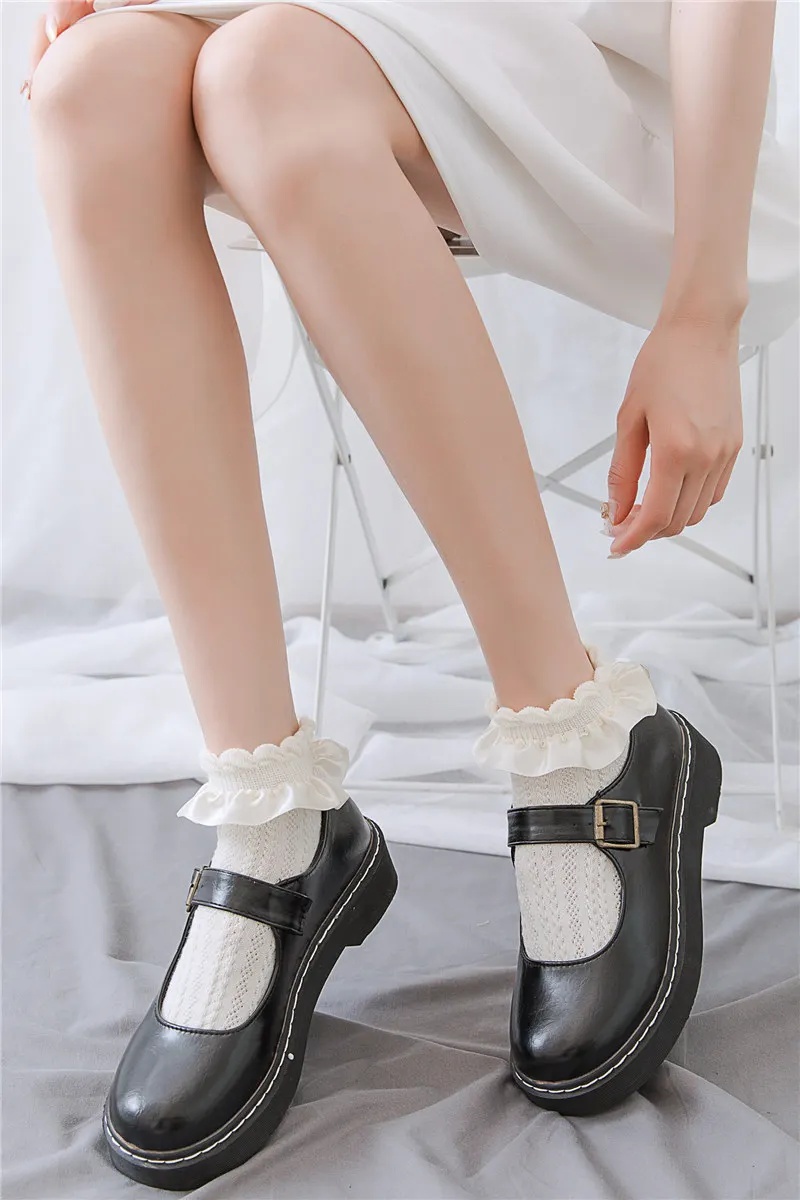 Women Socks Lolita Style Japanese Cute Frilly Ruffle Socks Solid White Black Mesh Lace Girls Sweet  Short Socks