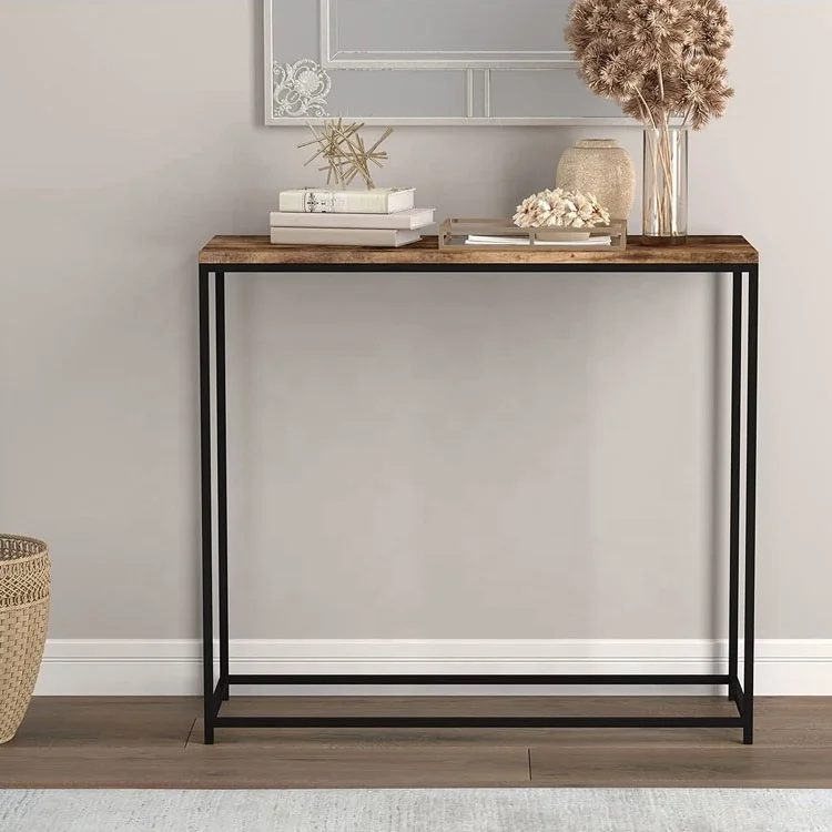 Customized Brown Reclaimed Entryway Console Table with Black Metal for Living Room
