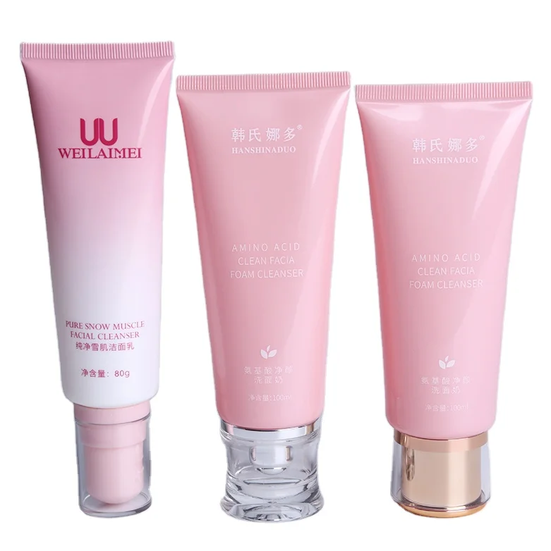 Pink color tube with acrylic cap of cosmetic hand cream tubes packaging