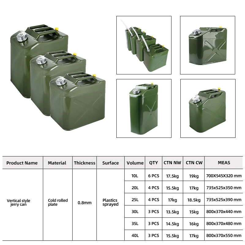 Metal Military Standard Army Green Jerrycan 10 20L 30 litre 40 L 50 60lts Gasoline Diesel Oil Fuel Tank Vertical Style Jerry Can
