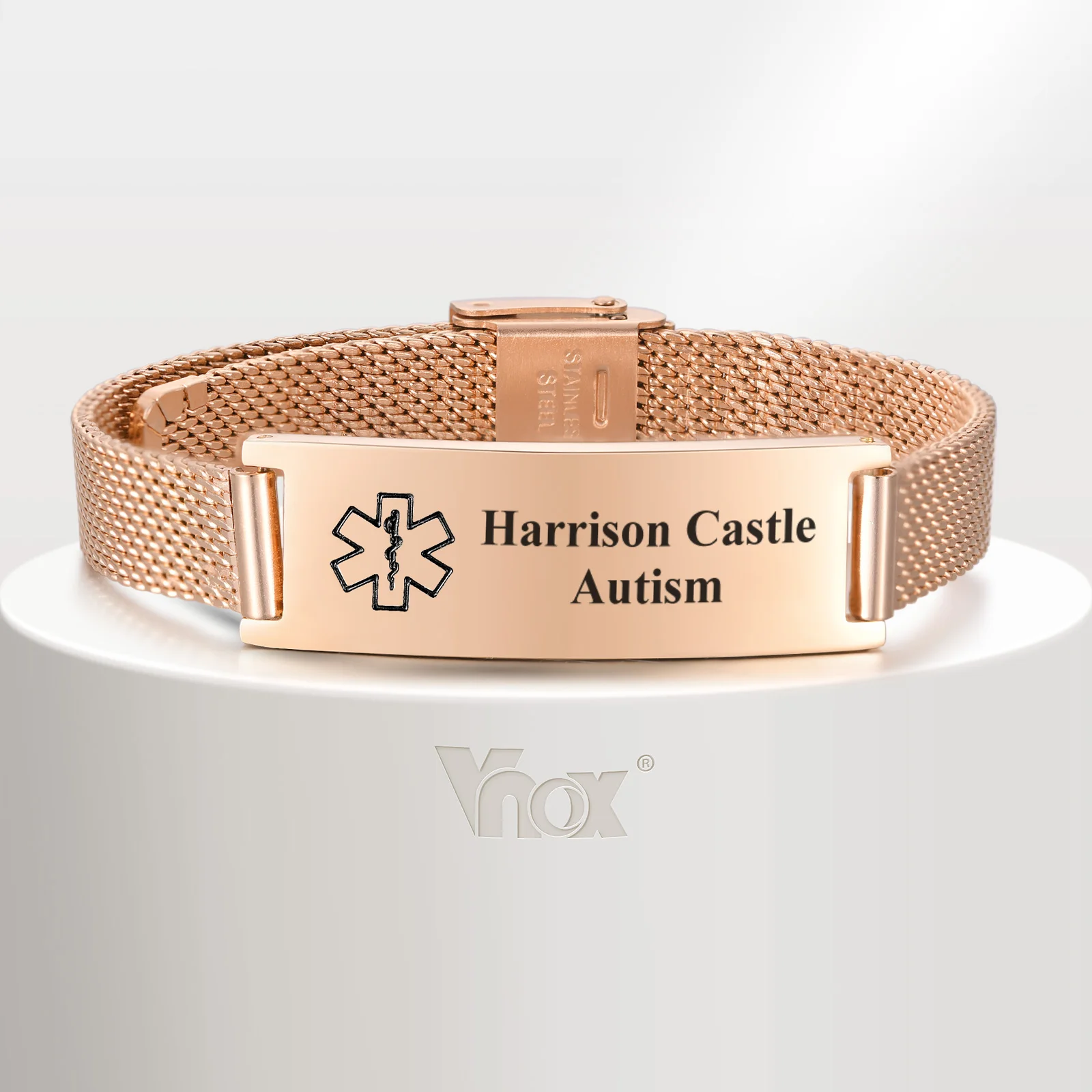 Vnox Personalized Waterproof Curved Brand Corrosion Medical Mark Mesh Custom ID Name Date Bracelet Neutral Men