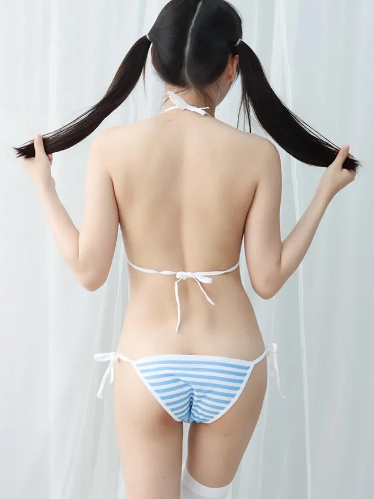 Женское нижнее белье Lolita Kawaii синее белое розовое Полосатое мини-бикини роскошное для взрослых косплей порнографическая ткань ночное