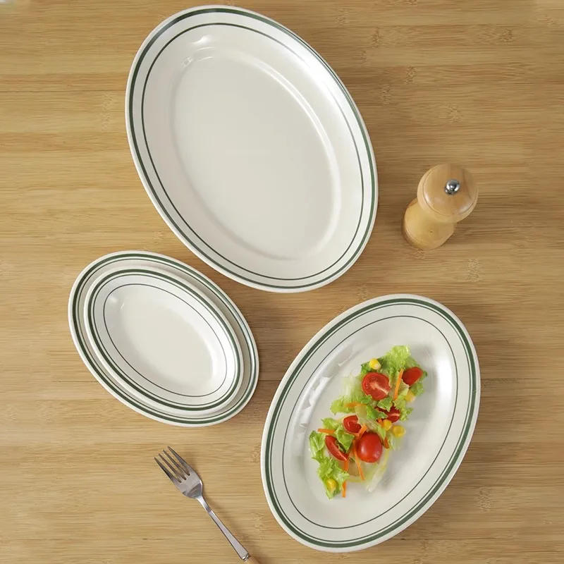 Best Seller Custom Nordic Unbreakable Green Line Oval Melamine Dining Plate Hotel Restaurant Creative Cold Dish