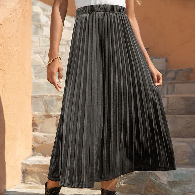 
2021 Hot Sell Desinger Cheap Big Hem Solid Color Straight High Wasted Long Pleated Chiffon Midi Casual Womens Skirts For Ladies 