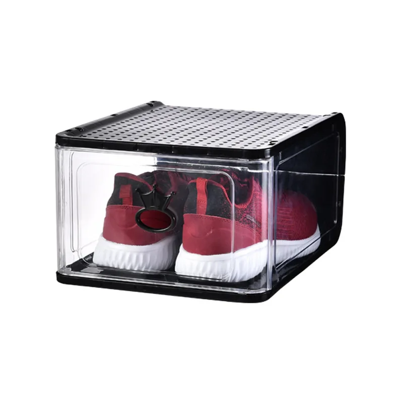 Amazon hot drawer style is opening the door to stable stack custom logo OEM giant transparent sneakers plastic black shoe box