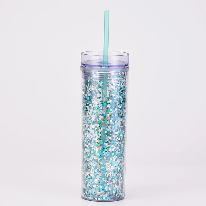 European and American popular fashion boutique transparent sequins double layer thickened and fall resistant plastic cups 450ml