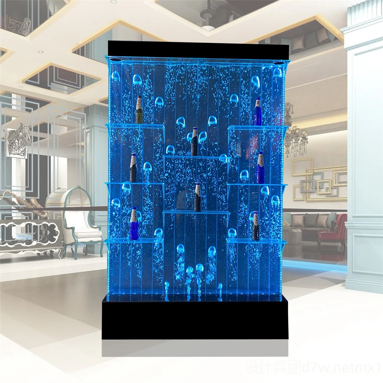 Indoor fountain RGB color changing acrylic bubble water wall with liquor shelf display