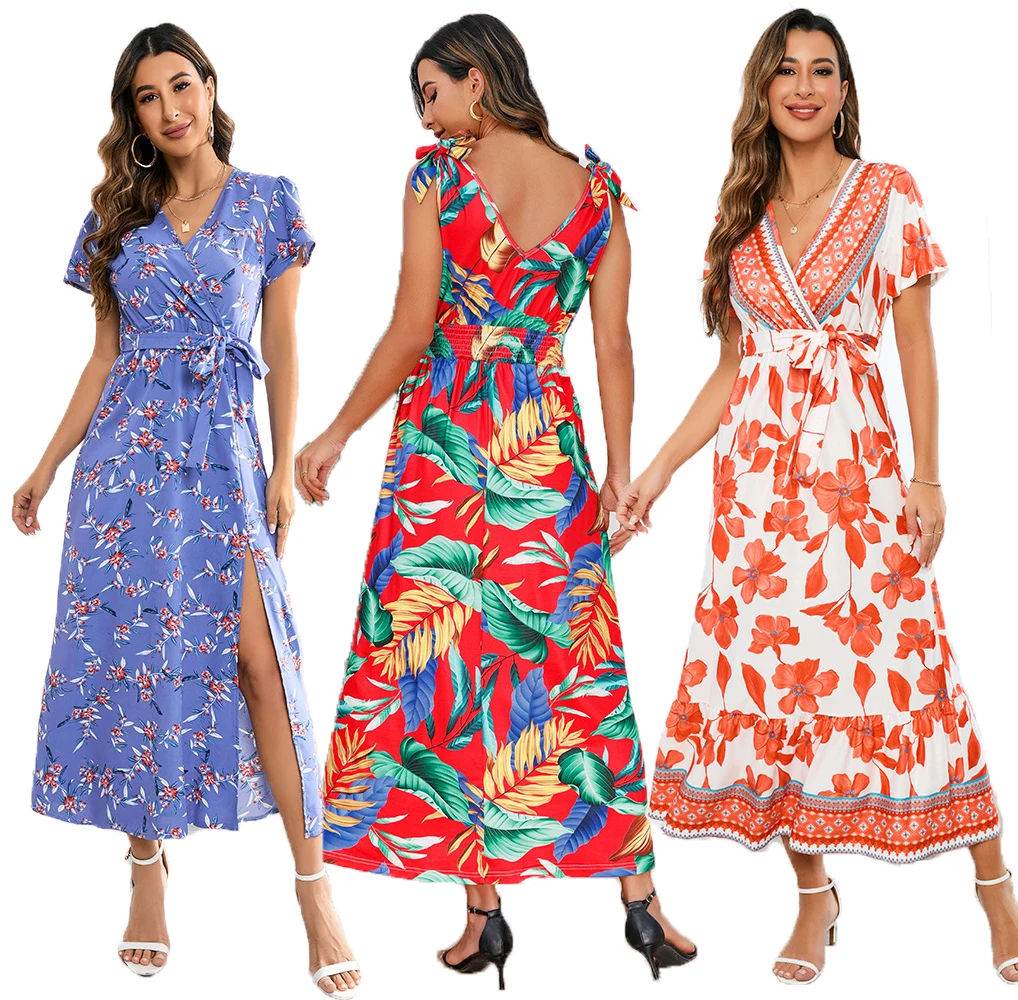 Hot selling women summer casual mid-length chiffon printed floral beach bohemian dress
