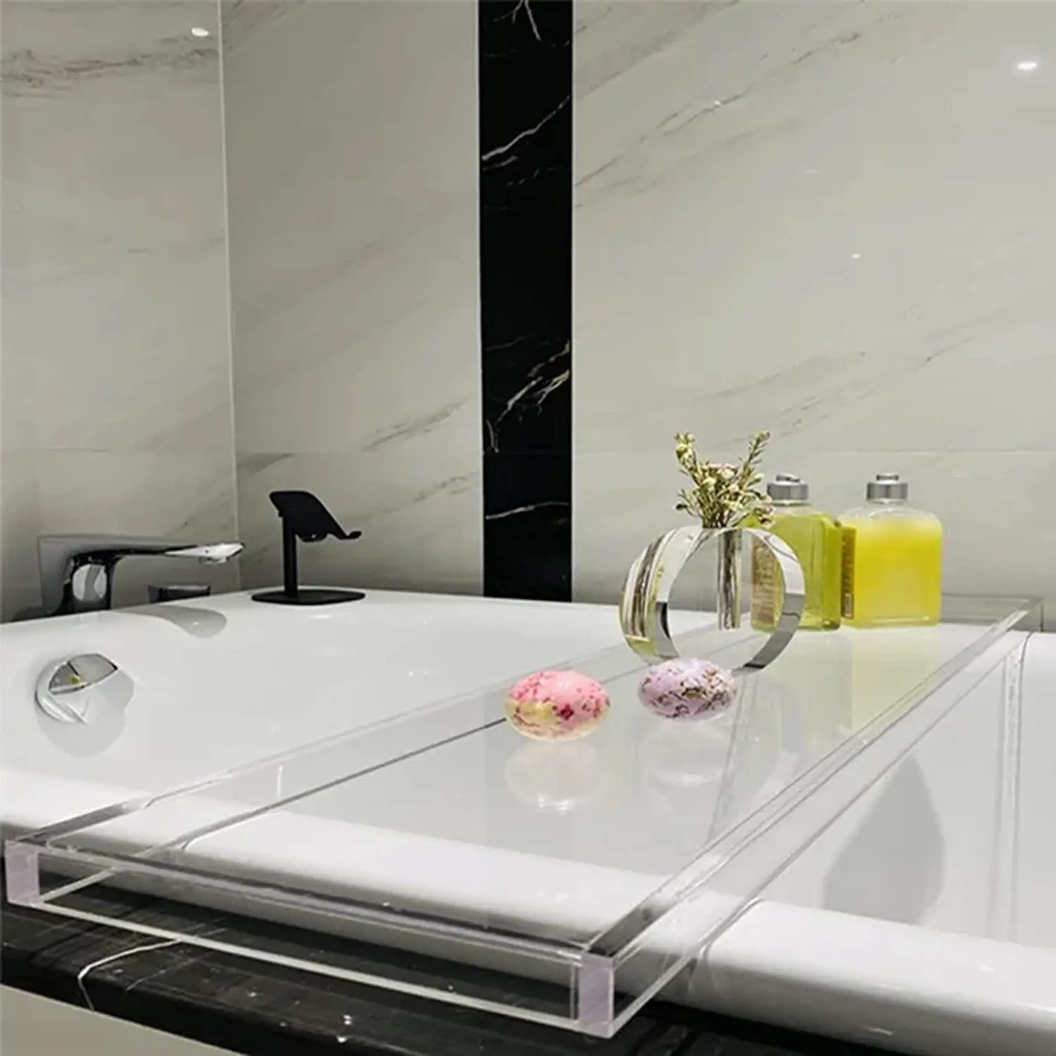 Custom Clear Light Luxury Bath Rack Storage Tray Partition Rack Clear Bathtub Caddy Acrylic Bath Tray