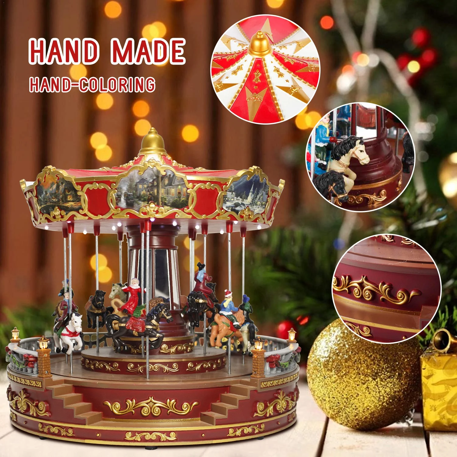 Best Selling Custom Christmas Decoration 14in noel Led lighted Rosies Carousel Revolving  with Music box