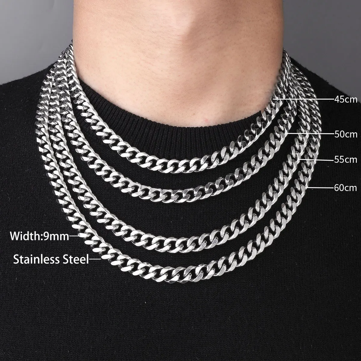 Hip Hop Stainless Steel Basic Curb Chain Necklace Wholesale Simple Multi-Size Cuban Chain Necklace