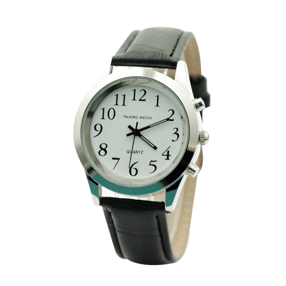 English New PU Leather Band Set Year Date Talking Watch for Senior Speaking Time Dropshipping for Blind People Alloy Watch